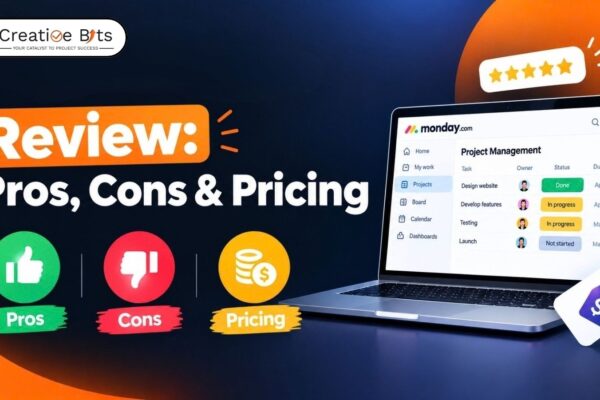 Graphic review banner titled "monday.com Review: Pros, Cons & Pricing" featuring a laptop displaying a monday.com dashboard and pricing icons.