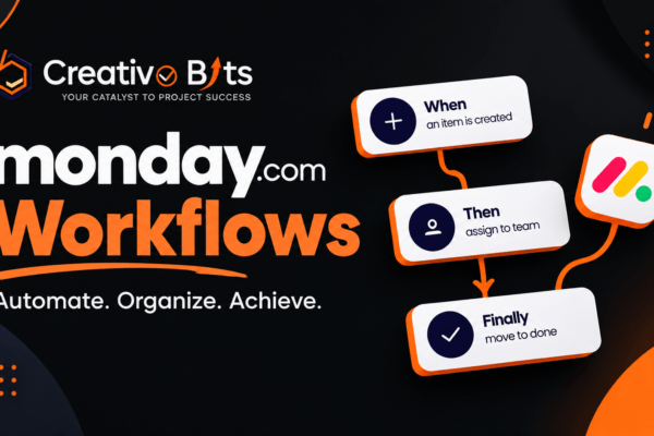 monday.com workflow automation diagram showing trigger and action blocks for business productivity