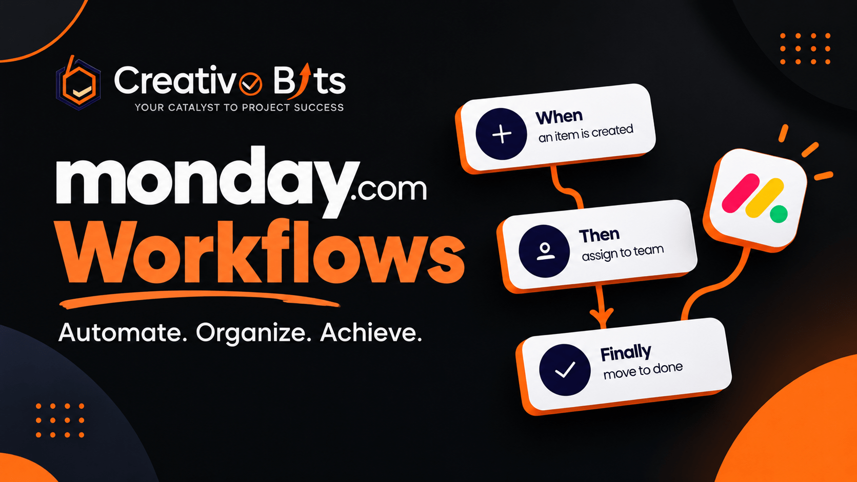 monday.com workflow automation diagram showing trigger and action blocks for business productivity