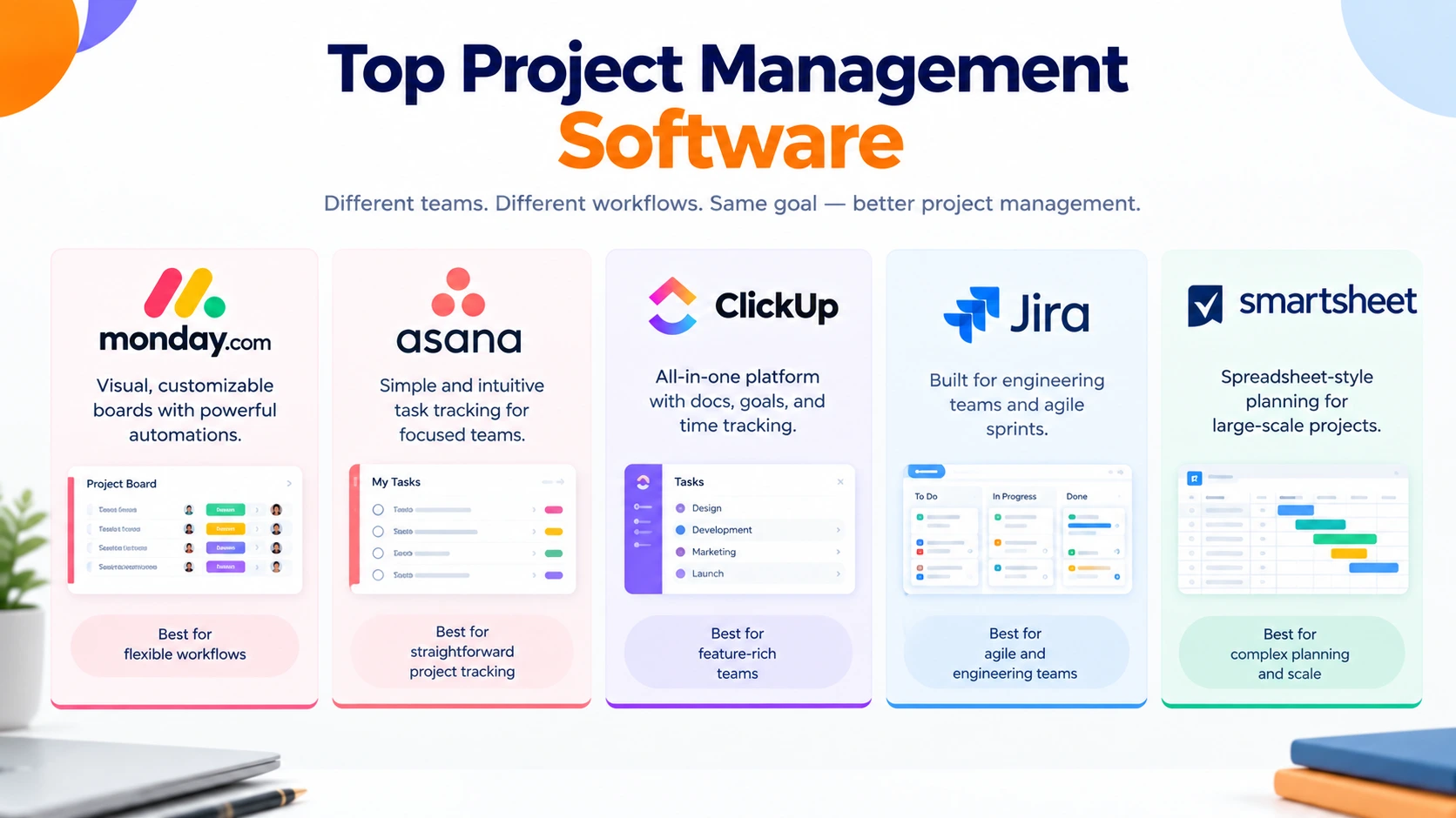 Comparative breakdown showing top project management software including Asana, ClickUp, Jira, and monday.com with key features and target use cases.
