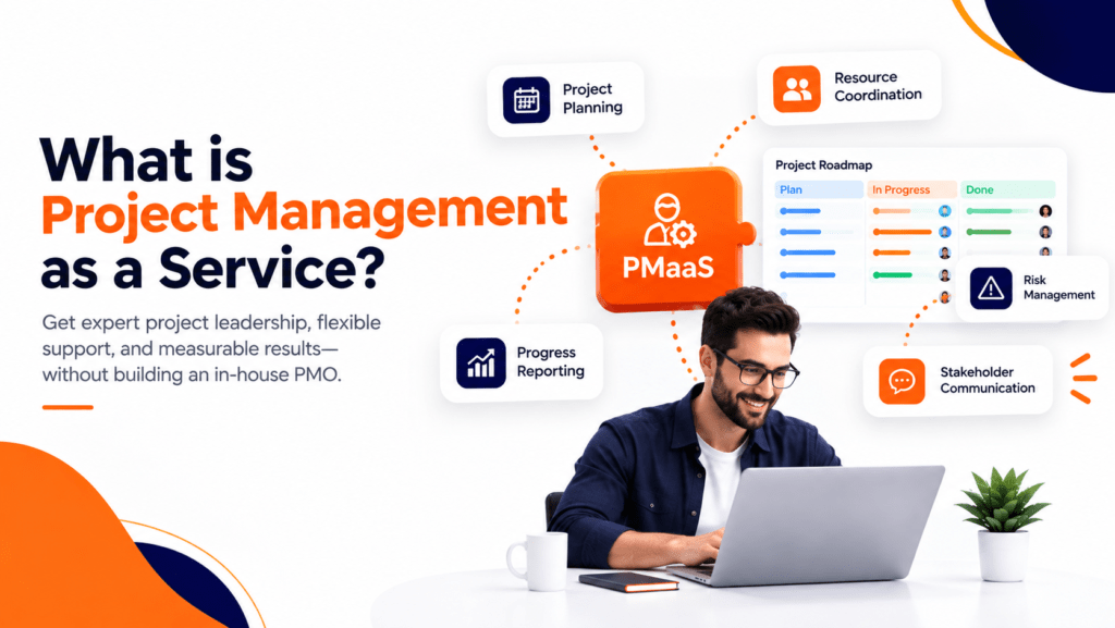 Diagram showing how Project Management as a Service connects project planning, team coordination, and progress reporting for flexible business delivery.