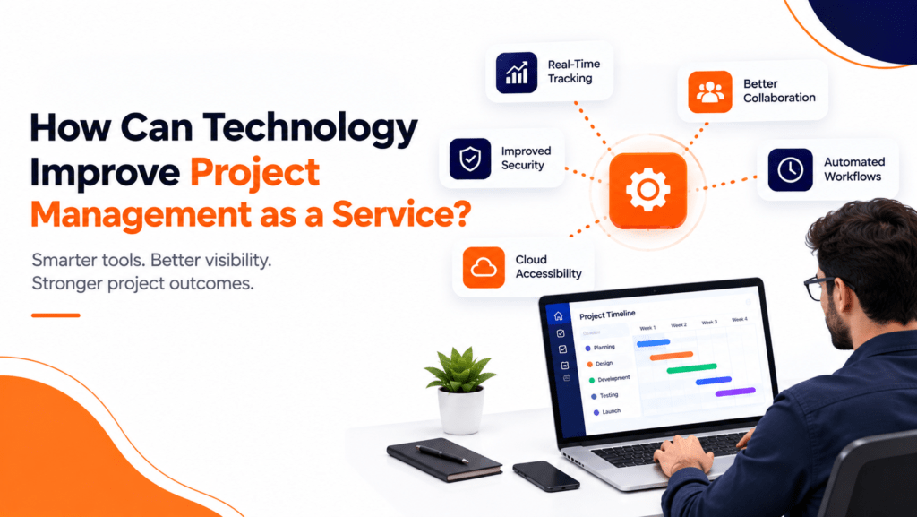 Illustration showing digital workflows, connected systems, and automation tools optimizing Project Management as a Service delivery.