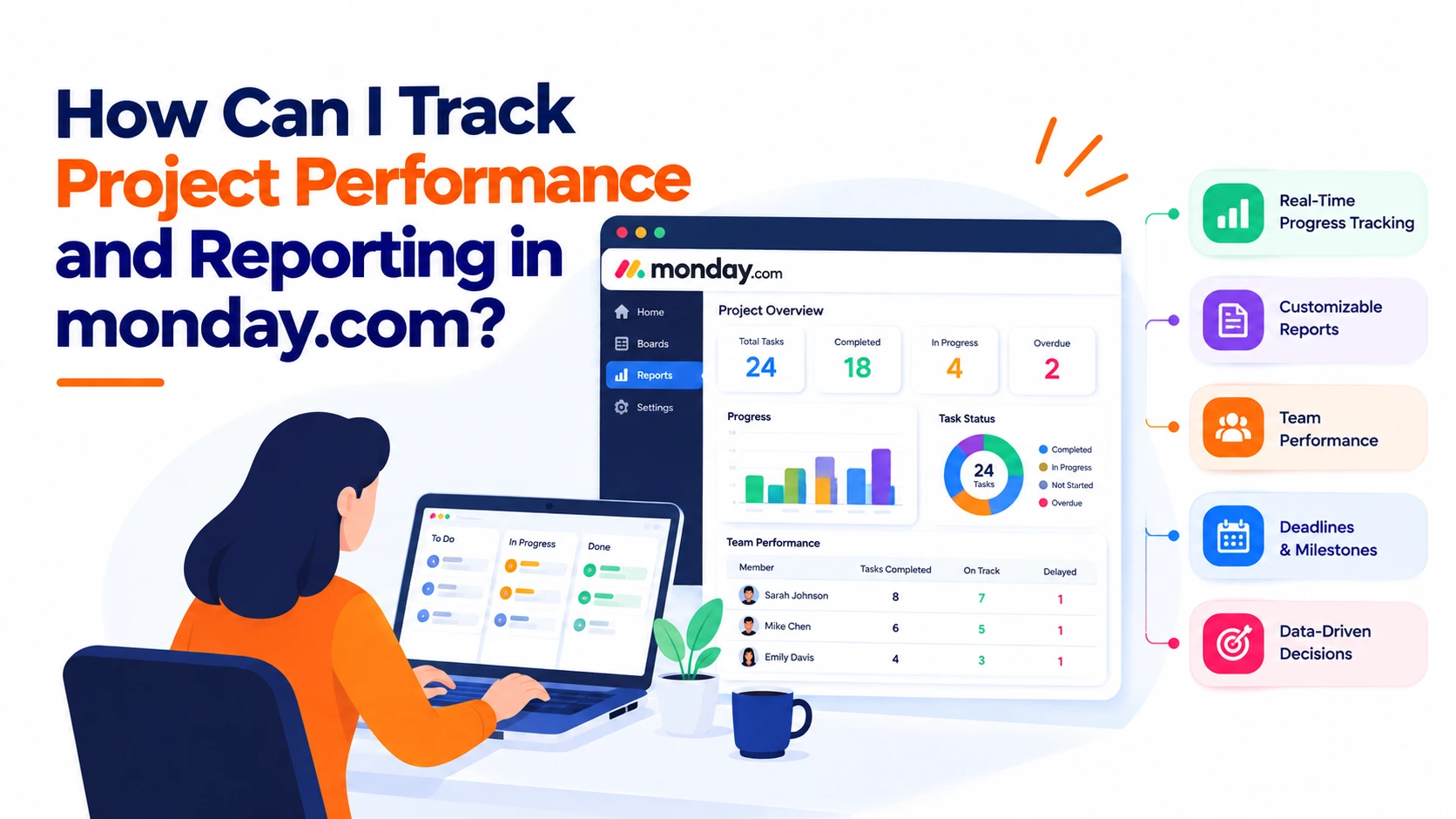 Graphic banner asking "How Can I Track Project Performance and Reporting in Monday.com?" showing custom dashboards, progress charts, and analytics widgets.