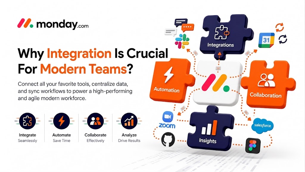 Creative Bits graphic showing why integration is crucial for modern teams with connected workflow icons