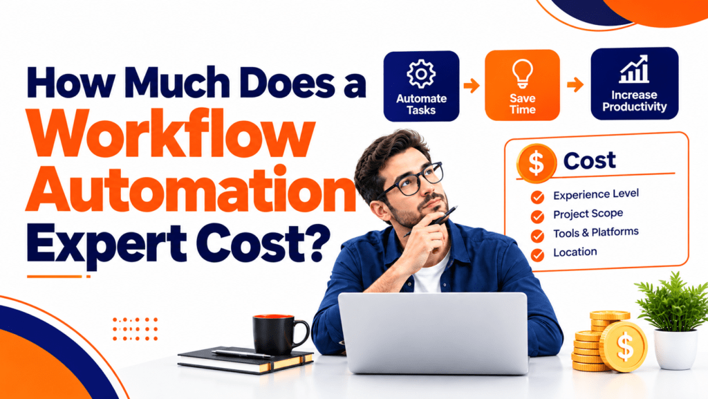 Illustration of a professional working on a laptop surrounded by process icons, pricing models, and workflow automation metrics.