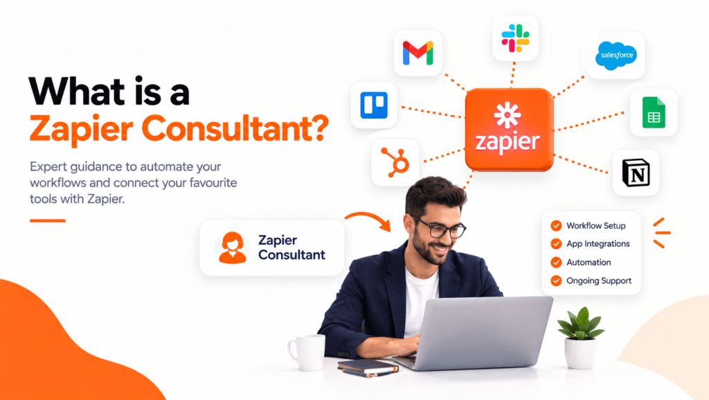 Creative Bits Zapier consultant graphic displaying app icons including Slack, Google Sheets, Gmail, and Zapier for workflow automation