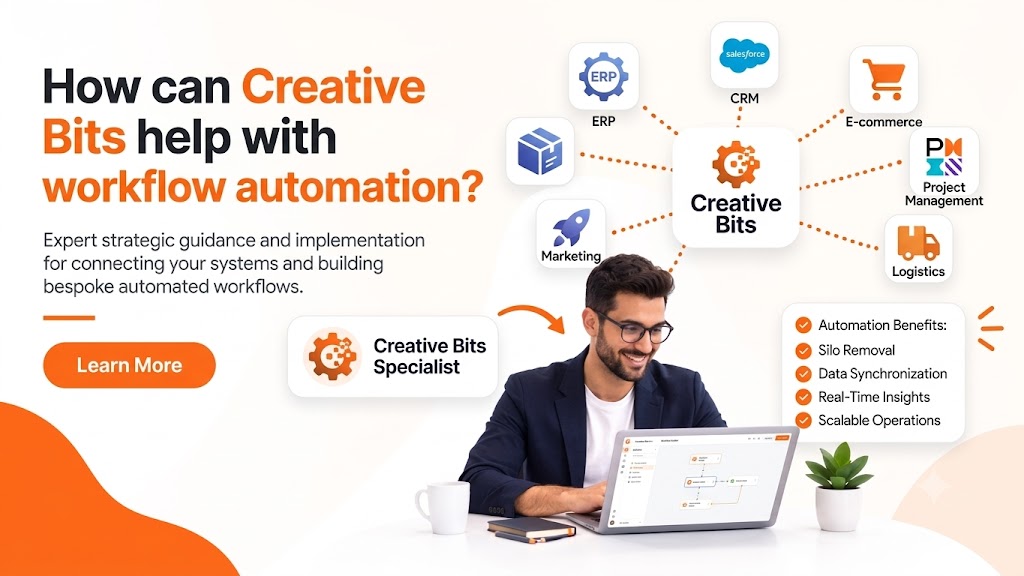 Creative Bits workflow automation specialist illustrating how a Zapier consultant connects apps and streamlines business processes