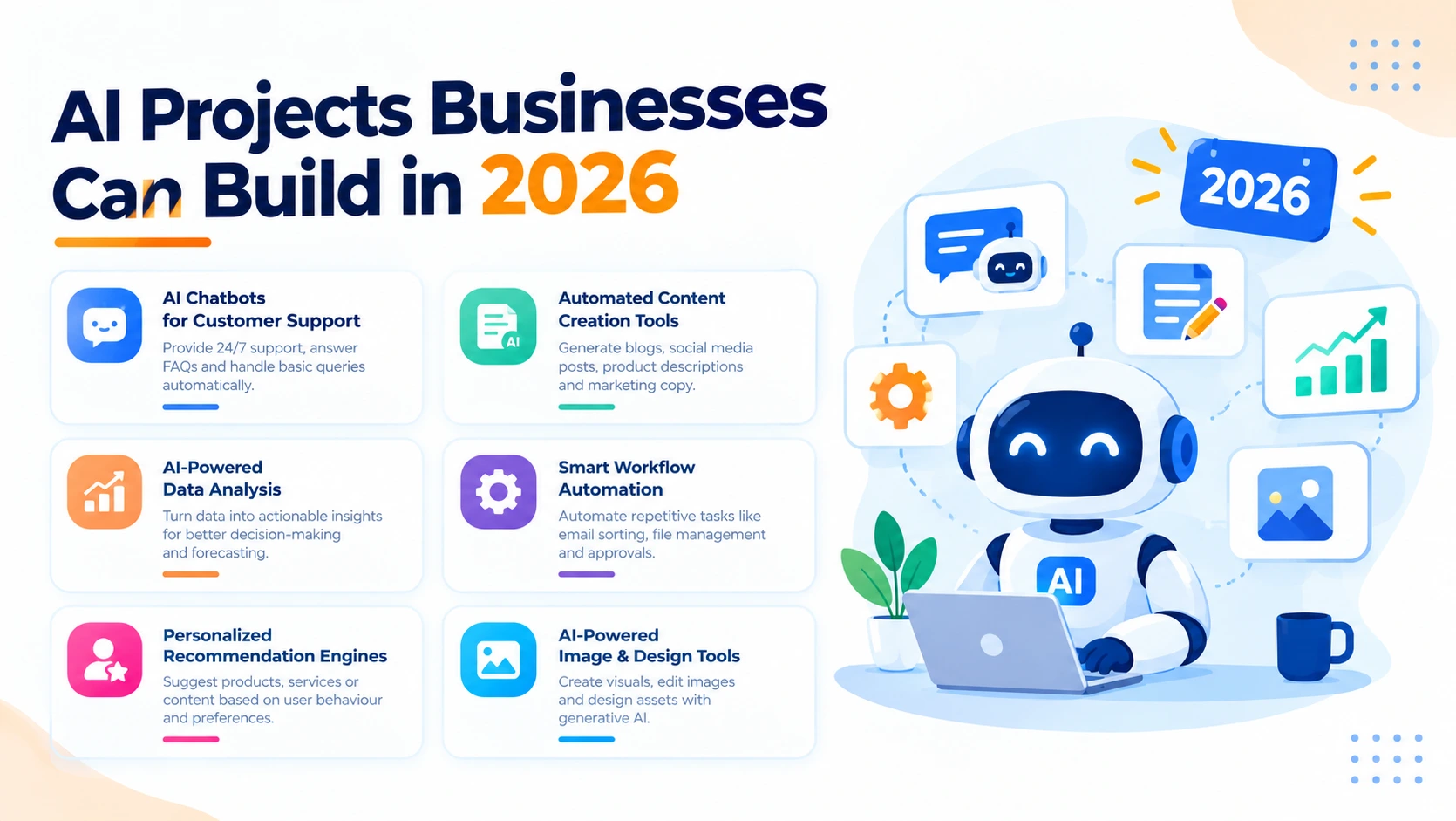 Seven business AI projects, including document extraction, support triage, demand prediction, visual inspection, knowledge assistants, lead scoring, and agentic workflows.