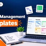 Overview of various project management templates on a laptop screen, showing project charters, plans, and tracking layouts