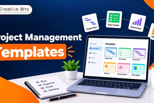 Overview of various project management templates on a laptop screen, showing project charters, plans, and tracking layouts