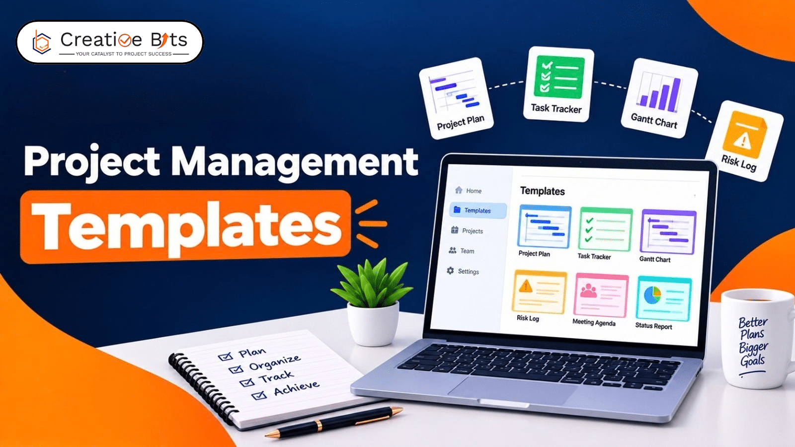 Overview of various project management templates on a laptop screen, showing project charters, plans, and tracking layouts
