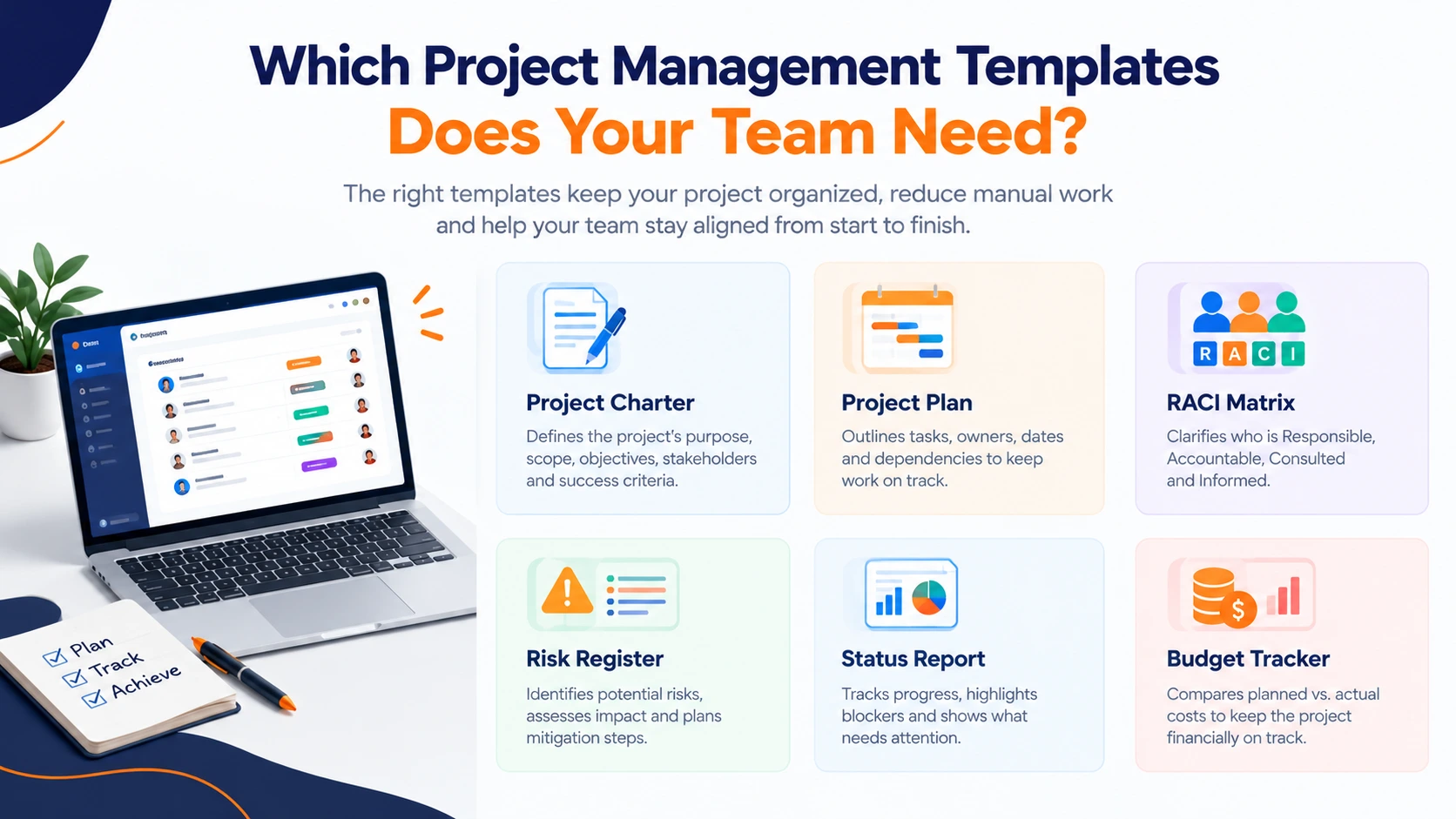 Overview of project management templates showing project charters, plans, and tracking layouts on a laptop screen